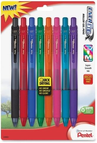 Pentel Gel Pens, Retractable.7mm, 8/PK, Assorted Barrel/Ink